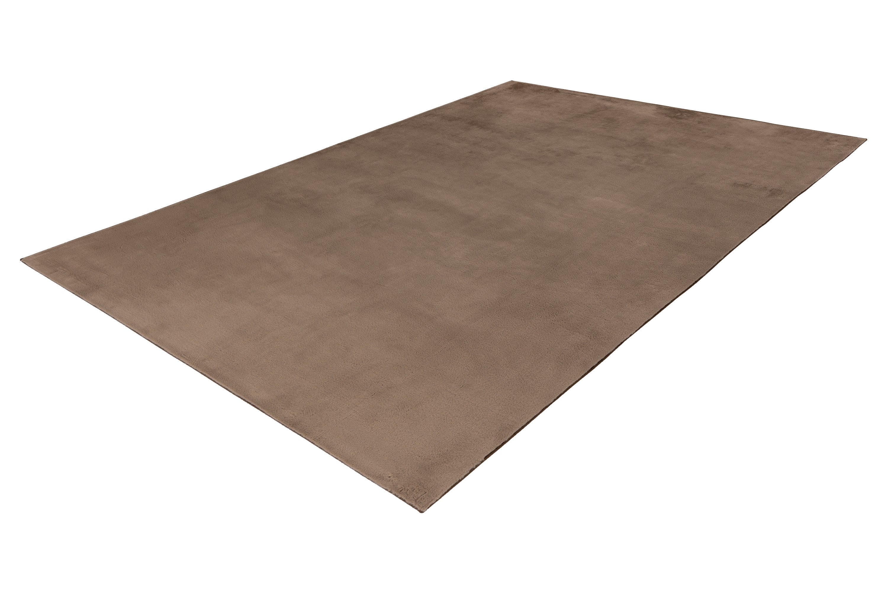 Zijaanzicht van taupe vloerkleed met zicht op poolhoogte en afwerking