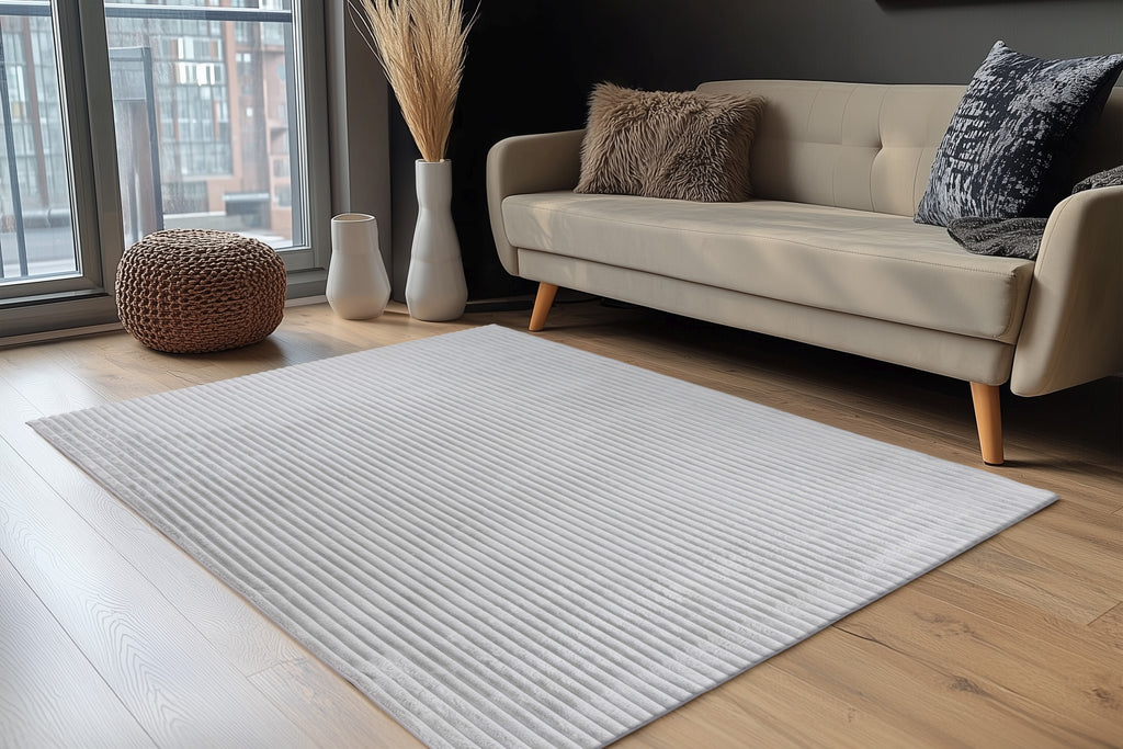 zilver Lushlyn vloerkleed in warme, moderne woonkamer