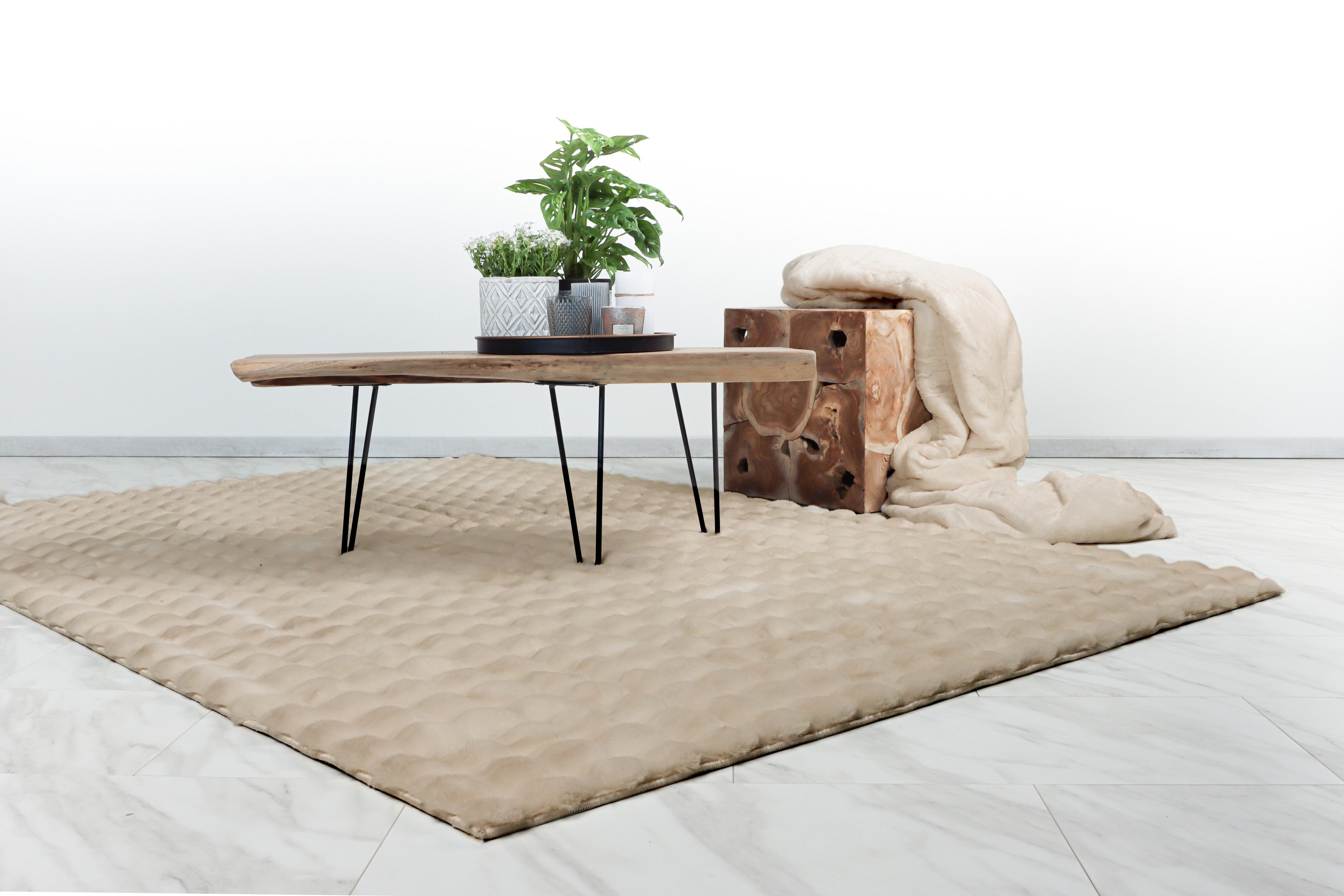 Het Taupe  Softedge vloerkleed als warm accent in een lichte woonkamer