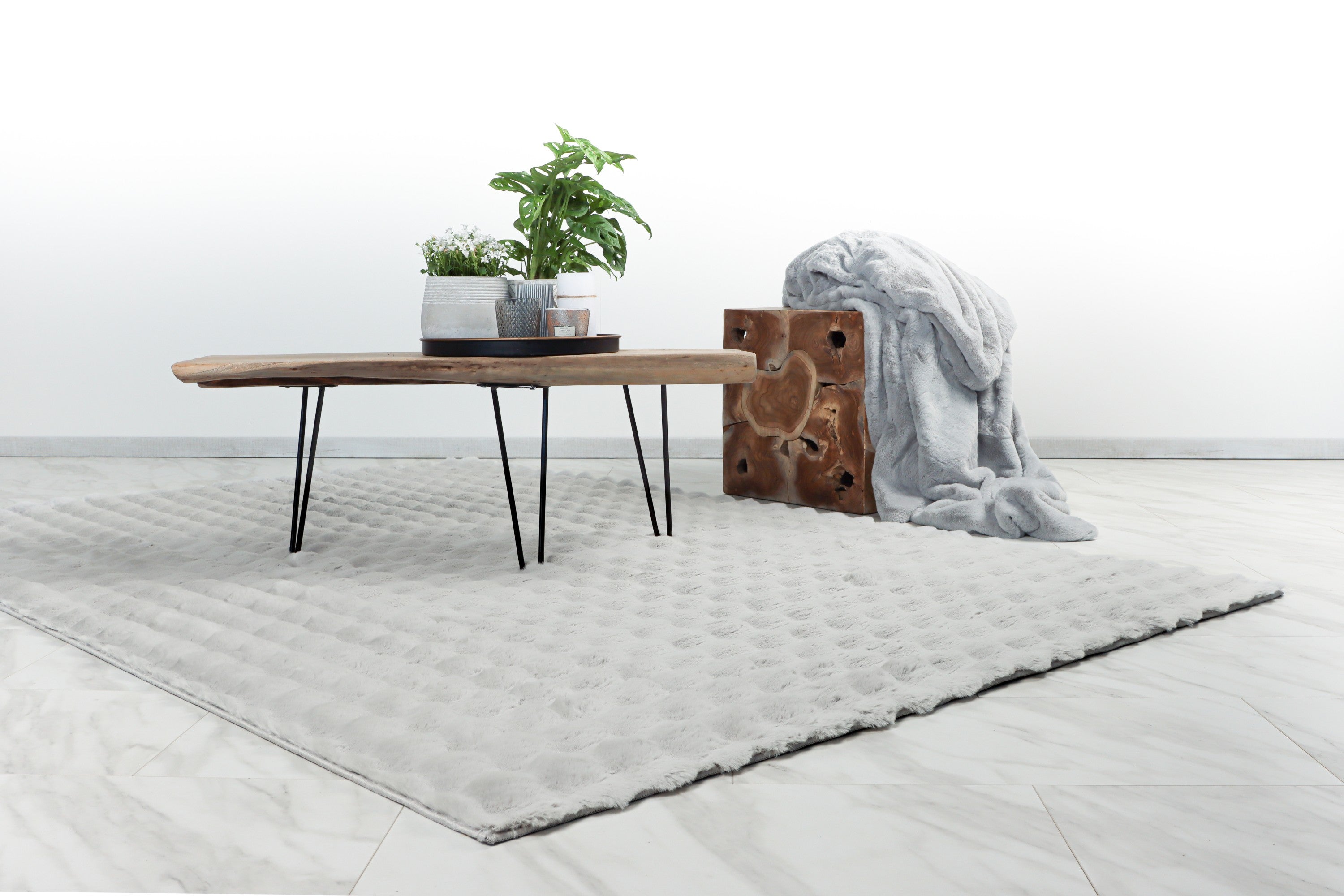 Het zilvergrijs Softedge vloerkleed in een moderne, lichte woonkamer